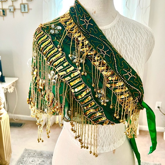 Belly Dance Green Velvet w/Gold Coins and Beads Hip Scarf. O/S. - Picture 2 of 7